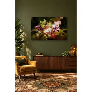 ช่อดอกไม้สีชมพูฟิดาบนพื้นหลังสีเขียวเข้มพิมพ์บนผ้าใบแบบนามธรรม - Product Image 5