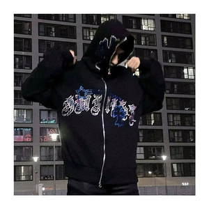 Cantidad a granel Sudadera con capucha con estampado de diamantes de imitación de talla grande para hombre 100% algodón Street-Wear Zip up Sudadera con capucha de diamantes de imitación para el invierno - Product Image 3