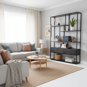 KTB68074 Standing Type Decorative Shelf with Drawers 120x38x180cm Rubber Wood and Iron Frame for Living Room - Product Image 2