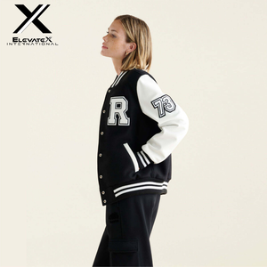 ELEVATEX Women's Varsity Jacket Black White Letter R Front Full Sleeve Turn-down Collar Polyester Cotton Autumn Wear - Product Image 4