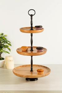 Présentoir à gâteaux moderne à 3 niveaux en bois d'acacia avec tige en métal noir, tour à cupcakes ronde, plateau à étages style ferme, présentoir à desserts - Product Image 2