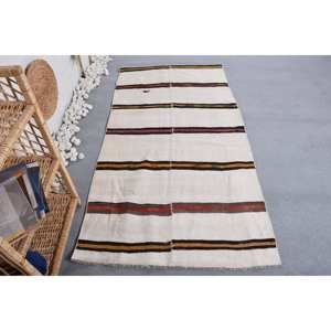 Alfombra turca Vintage rústica blanca 3,2X6,2 pies hecha a mano diseño clásico de retales Material de lana látex para pasillo de entrada de adolescentes - Product Image 4