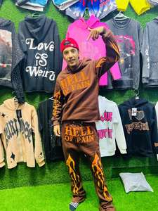 Conjunto de ropa de calle con parche bordado desgastado personalizado, pantalones de chándal lavados con ácido desteñidos por el sol para hombre, Sudadera con capucha de talla grande - Product Image 6