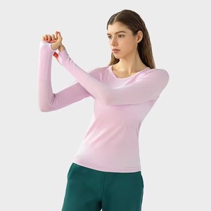 Camiseta de fitness de manga larga de compresión transpirable para mujer Conjunto de gimnasio de verano-Top sin costuras Ajuste Suelto - Product Image 2