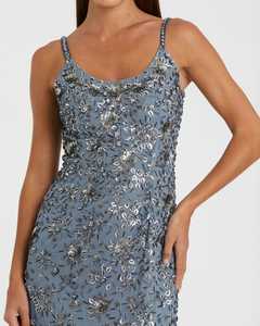 Robe de soirée de mariage de cocktail longue en A-line grise à fleurs sans manches avec col rond et perles de sequins 100% polyester - Product Image 5