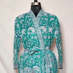 Kimono/ Maxi Dress Katun Kimono Cetak Blok Tangan India Laris, Gaun Jubah Malam Floral untuk Kasual