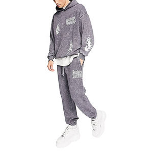 100% algodón 410 Gsm Heavyweight Sweatsuit en blanco bordado personalizado estampado ácido lavado Streetwear chándal Sudadera con capucha y pantalones de chándal conjunto - Product Image 1