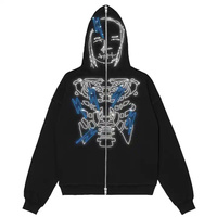 Rhin Stone Vêtements personnalisés 100% coton Logo Full Zip Up Face Heavyweight String Skull Rhinestone Sweats à capuche pour hommes