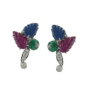 Boucles d'oreilles Tutti frutti en or blanc 18 carats avec diamant véritable de fournisseur indien