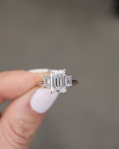 10X8mm <b>Emerald</b> Cut Moissanite Engagement <b>Ring</b> Three Stone Baguette Cut Accents 925 Sterling <b>Silver</b> - Product Image 1