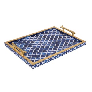 Bandeja de incrustaciones de hueso de madera azul hecha a mano con bandeja multiusos de diseñador de borde dorado para servir y regalos de decoración elegante para el hogar - Product Image 1