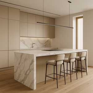 Ensemble de meubles de <span class=keywords><strong>cuisine</strong></span> modernes en forme de L avec portes en verre et résine laquée, plan de travail, robinet, évier et charnières pour villa - Product Image 2