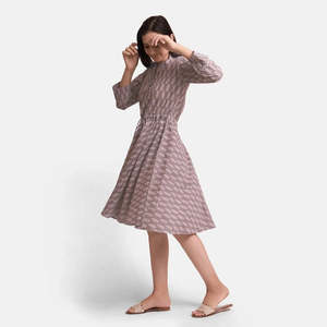 Vestido de playa de manga larga de algodón con estampado de bloque de mano con cuello redondo hasta la rodilla para mujer, vestido informal y vestido informal - Product Image 4