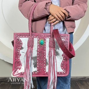 Sac à main occidental de dernière génération 2025, sac à bandoulière, sac à main de luxe en cuir de vachette travaillé à la main, sac cabas pour femme avec pierre turquoise et franges - Product Image 1