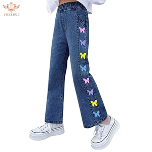 กางเกงยีนส์ขาบานสำหรับเด็กผู้หญิงกางเกงยีนส์เอวยางยืดมีกระเป๋าแบบใหม่ - Product Image 1