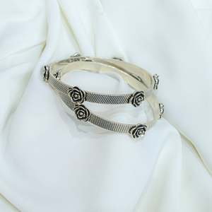 Swadeshi Pitara Women's 925 Silver Fashion Statement Bangle <b>Single</b> Piece with Rose <b>Flower</b> Design From Rajasthan - Product Image 1