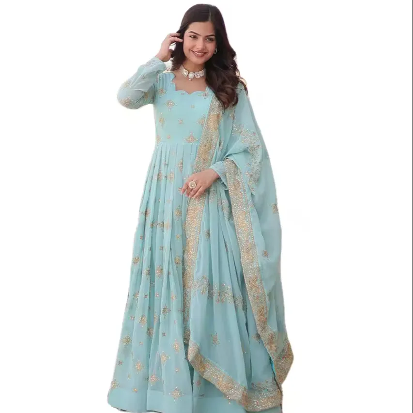 Traditional Indian Style Georgette Embroidery Work Anarkali Long Kurti and Dupatta Set from India