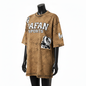 Camiseta de Algodón Extra Grande para Mujer, Lavada al Ácido, Suave y Transpirable, Estilo Desgastado Marrón, con Logotipo de Parche Personalizado Serigrafiado - Product Image 4