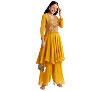 Amarillo Chinon Zardosi Kurta Palazzo Traje Venta al por mayor Mujeres Ropa étnica OEM Fábrica de ropa Proveedor a granel Fabricante personalizado - Product Image 2
