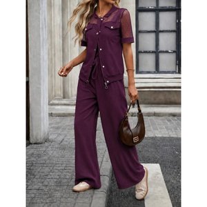 Conjunto de Dos Piezas de Chaqueta y Pantalón Modal con Detalles de Malla y Botones, Modelo Kadin Kisa Kollu Yakali Onu, 37679 - Bordo - Product Image 1