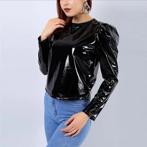 Haute qualité femmes à manches longues PVC cuir manteaux brillant verni laine tissu fourrure personnalisé Clubwear dos Zip pull veste - Product Image 4