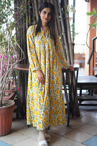 Vestido Estampado a Mano, Túnica India, Vestido Estampado a Mano, Mangas Largas, Cuello Mao, Estampado Floral, Vestido Largo Maxi para Mujer - Product Image 5