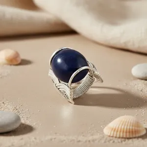 Anillo de cóctel de plata 925 con lapislázuli en bisel, diseño de alas étnicas, para boda, uso diario de mujer - Product Image 1
