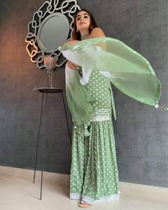 Dernière broderie indienne Sharara Palazzo Kurti Set Dupatta Matériel en soie de coton lourd Impression numérique Vêtements ethniques Style cousu - Product Image 3