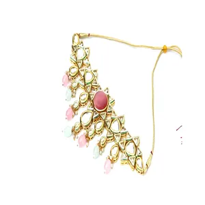 Conjunto de Joyería Fina Pink Tumble Polki para Mujer, Collar de Gargantilla Vintage de Lujo con Pendientes y Maang Tikka, Chapado en Oro - Product Image 2