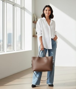 Bolso Tote Grande de Cuero Genuino Marrón Vintage para Mujer, Bolso de Hombro para Trabajo, Minimalista, para Portátil, Bolso de Compras, con Dos Cremalleras - Product Image 6