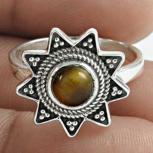 Anillo de Plata con Forma de Estrella y Piedra de Ojo de Tigre de Corte Redondo, el Mejor Regalo de Boda para Ella, Engaste Experto, Joyería Boho - Product Image 3