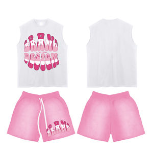 Conjunto de dos piezas para hombre con logotipo personalizado, lavado ácido, informal, desteñido al sol, ropa de alto estrés, incluye camisetas sin mangas de felpa, pantalones cortos para - Product Image 6