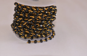 Chaîne de chapelet en quartz noir plaqué or de 6mm, chaîne de perles en fil de laiton, chaîne de perles rondelle à facettes pour la fabrication de bijoux - Product Image 5