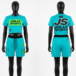 Premium 280GSM Cotton Polyester Crop Top Short <b>Set</b> Teal Green Geometric Print Heat Transfer Logo 100% Cotton T shirt & Short <b>Set</b> - Product Image 3