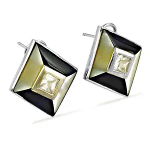 Geometric Square <b>Stud</b> Earrings With Princess Cut Diamond Bezel Setting Black Gun Plated Alloy Women's Classic Party Jewelry - Product Image 2