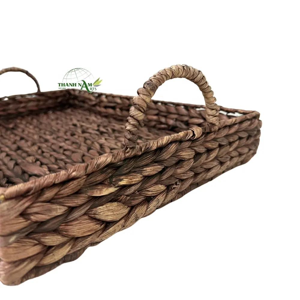 Water Hyacinth Rectangle Tray With Handle Natural Basket Tray Wicker Manufacturer Price For Decoration