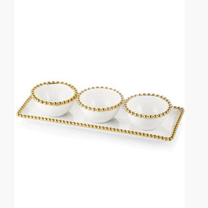 Set Of 3 Most Fancy Unique White Color <b>Enamel</b> Bowl Metal Gold Border Design With <b>Tray</b> Eco-Friendly For Sustainable Use - Product Image 1