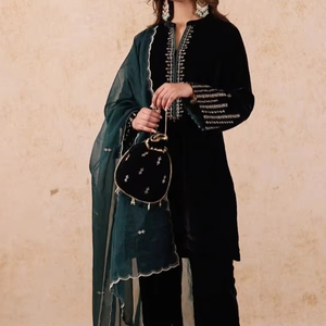 Designer 2024 Elegant Velvet Fabric Kurta <b>Pant</b> Dupatta Dress Embellished Elegantly Crystal Glass Beads Pearls Lace for - Product Image 1