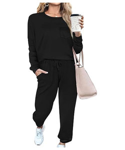 Ensemble de survêtement athlétique d'automne 2 en 1 en velours respirant pour femmes pantalon de survêtement à capuche zippé à motif solide avec logo rayé - Product Image 1