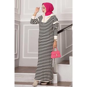 Ecru-noir fermeture éclair rayé robe en tricot été décontracté Viscose Nylon a-ligne moulante droite taille naturelle plaine teint imprimé solide - Product Image 3
