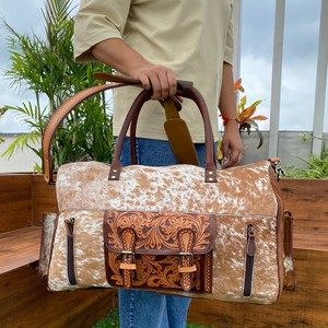 Main usiné et cheveux sur cuir de vachette grand sac polochon en cuir véritable sac à bagages de nuit voyage sacs de week-end pour unisexe - Product Image 2