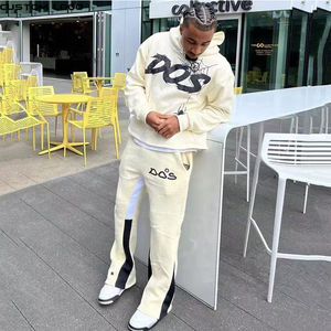 Custom <b>Cotton</b> Print Cut <b>Raw</b> Hem Edge Hoodie Patchwork Sets Men Tracksuit Lightweight Stacked Flared Men Two Pieces Winter Casual - Product Image 4