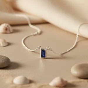 Collier pendentif en argent 925 pour femmes, pierre bleue, rhodium, motif géométrique, or rose, diamant, tendance pour les fiançailles, à porter au quotidien - Product Image 1