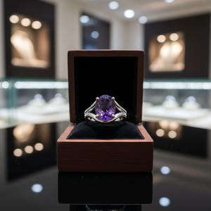 Anillo de Compromiso/Boda Islámico de Plata de Ley 925 Certificada con Amatista Natural de Corte Ovalado y Engaste de Rodio, Certificado por Terceros - Product Image 1