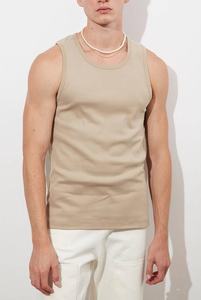 Débardeur Sportif Long Oversize en Coton Tricoté Teint en Fil, Design Vierge de Haute Qualité, Beige, pour Hommes, Vente en Gros Personnalisée, Style Streetwear - Product Image 3