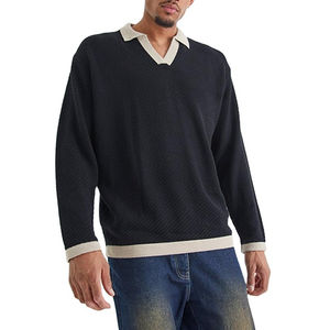 Mode hommes à manches longues pour polos solide rayé col rabattu Polos avec bouton décontracté tricoté tissu - Product Image 2
