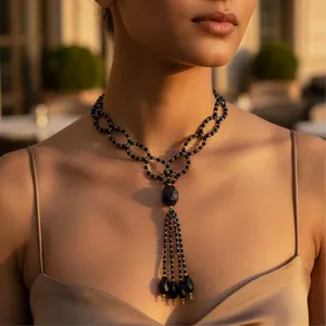 Collier tendance et classique pour femme, plaqué or noir, avec perles, prêt à offrir, chaînes en acier inoxydable religieuses et en forme de chiffres - Product Image 1