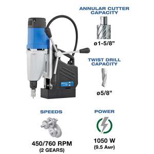 Taladro Magnético Portátil de 9.5 Amperios, Doble Velocidad, Fabricado en Alemania, Grado Industrial, Taladro de Banco que Perfora hasta 1-5/8 Pulgadas de Diámetro - Product Image 5