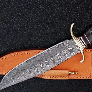 Cuchillo de caza Bowie de acero de Damasco hecho a mano personalizado, mango de madera de agarre cómodo, cuchillos de supervivencia compatibles con OEM - Product Image 3