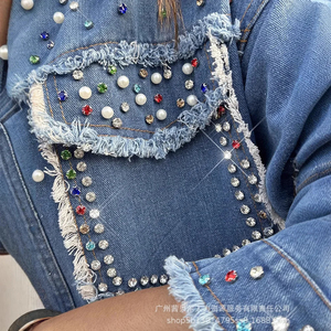 Cardigan Cowboy en cristal à manches longues pour femmes hauts vestes en jean perlées Double poches strass jeans infusés de diamants Blouses" - Product Image 4
